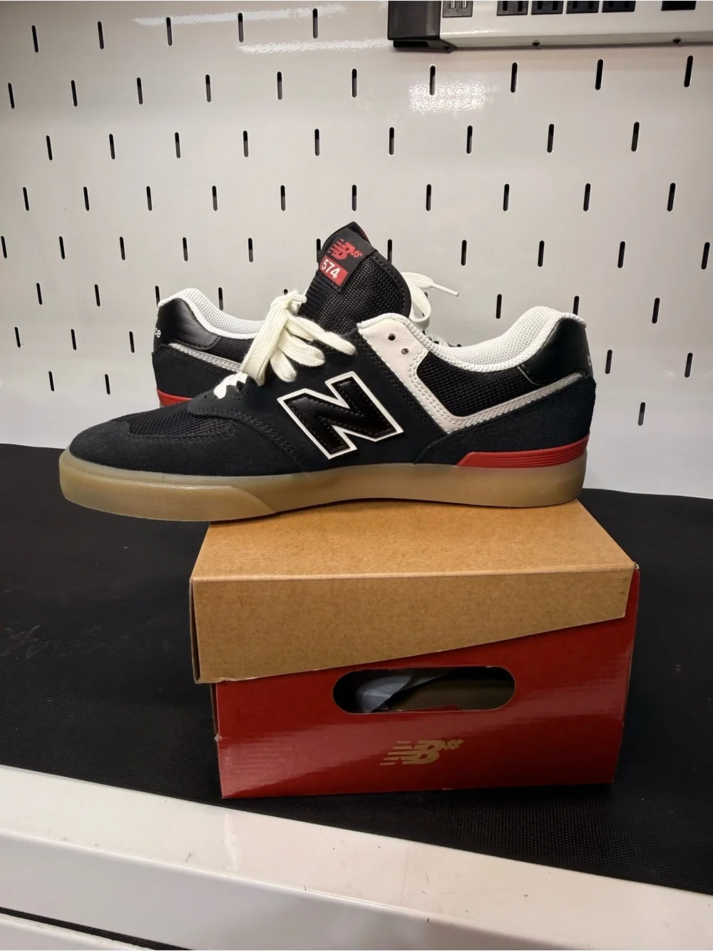 New Balance Numeric 574 Black, White & Red with Gum Sole